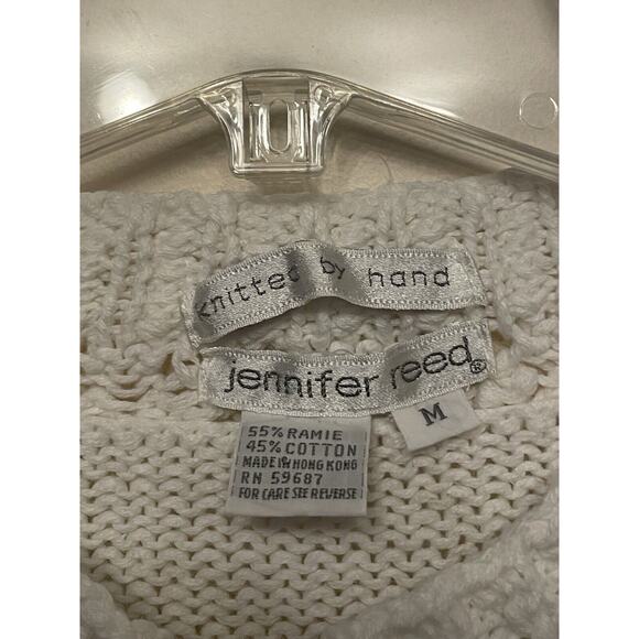 Vintage Jennifer Reed Hand Knit Cardigan Women Size Medium White Floral Blue 3D - Picture 8 of 9